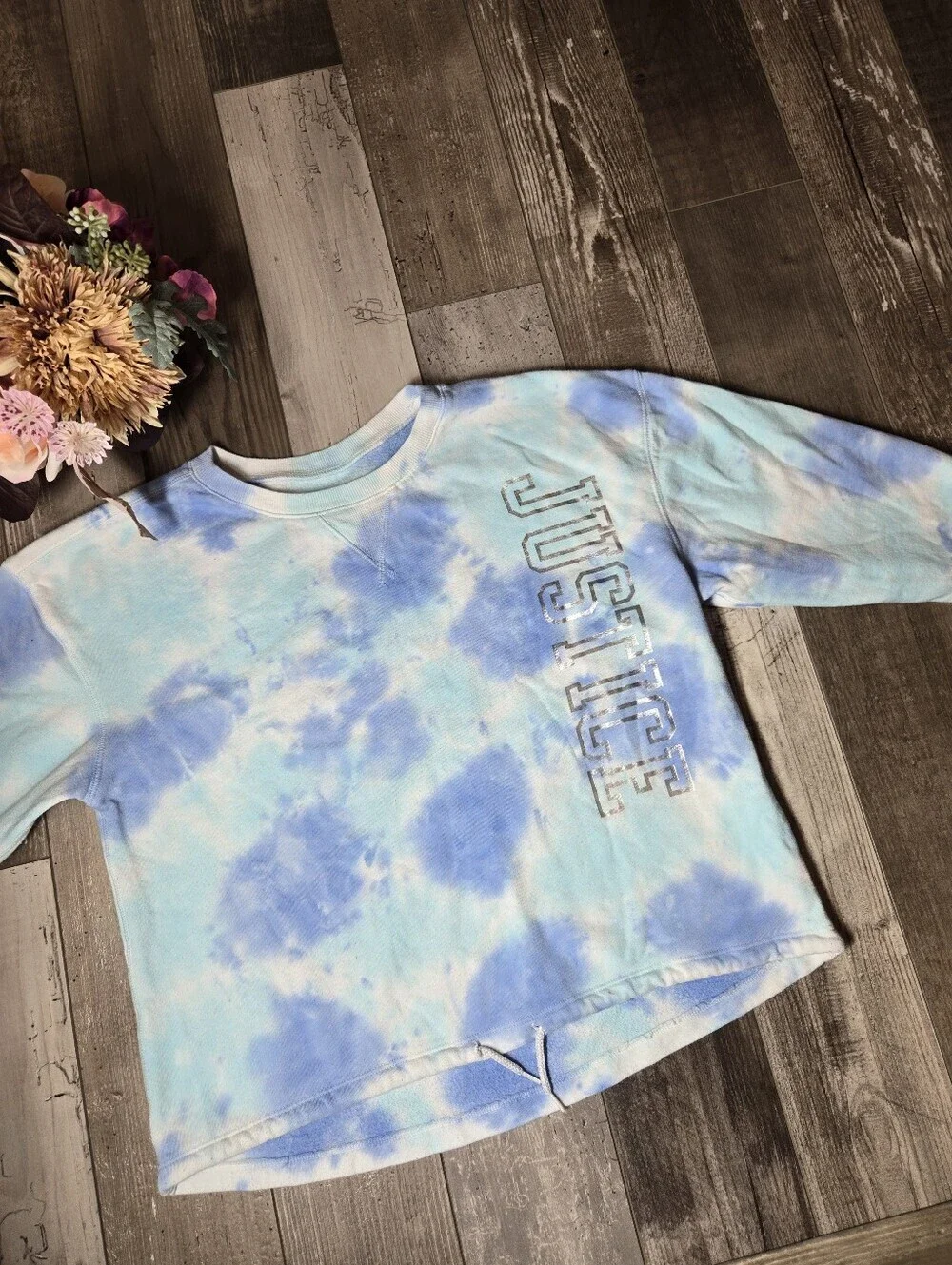 Justice Active Girls Blue Tie-Dye Silver Foil Crewneck Sweatshirt Size 14/16